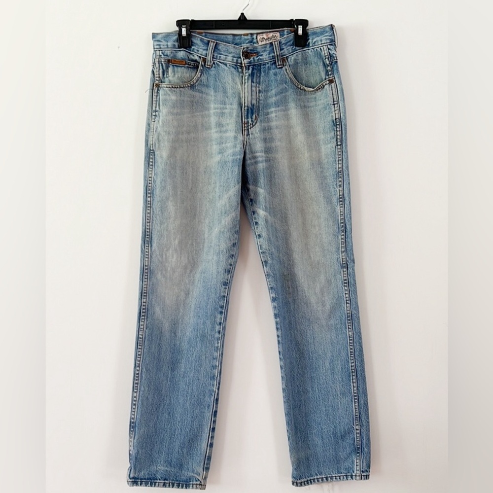 Wrangler low rise jeans, waist = 34” good distressing and wear